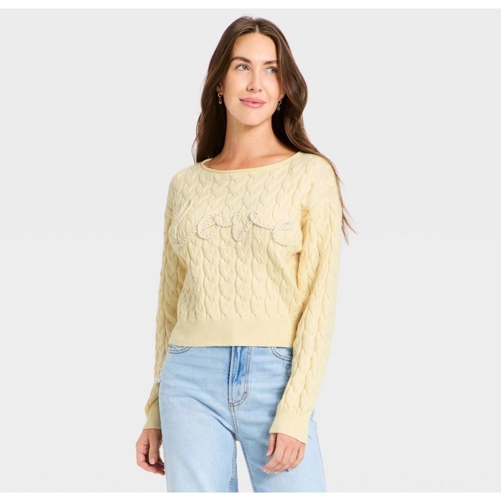 Universal Thread Cream Yellow Cable Knit Love Script Sweater Small NWT